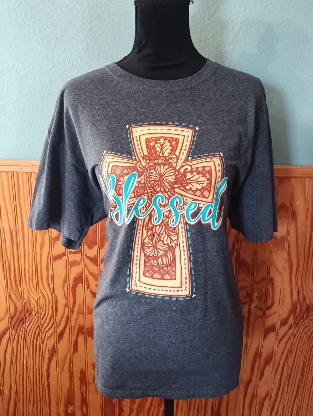 Leather print Cross, Blesses turquoise lettering.